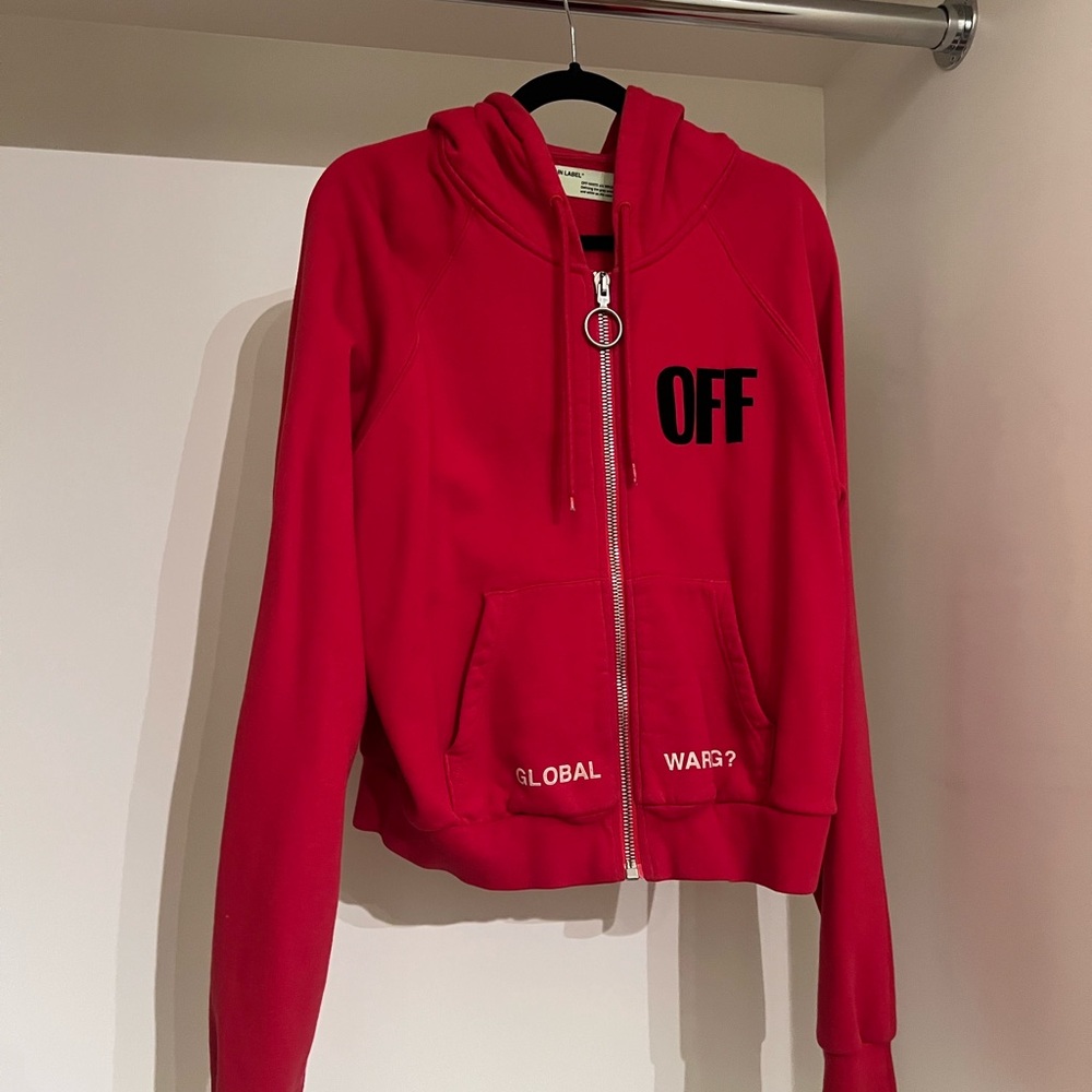 Off-White Red Women's Hoodie with Black Lettering